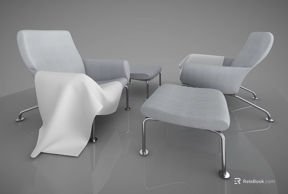Light Gray Fabric Accent Chairs With Ottoman And White Blanket Modern Design 3d model 