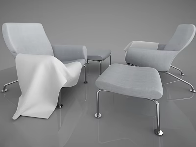 Light Gray Fabric Accent Chairs With Ottoman And White Blanket Modern Design 3d model