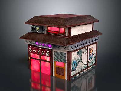 Japanese Style Coffee Table With Two Story Structure Red Windows Ramen Shop Design Decorative Paintings 3d model
