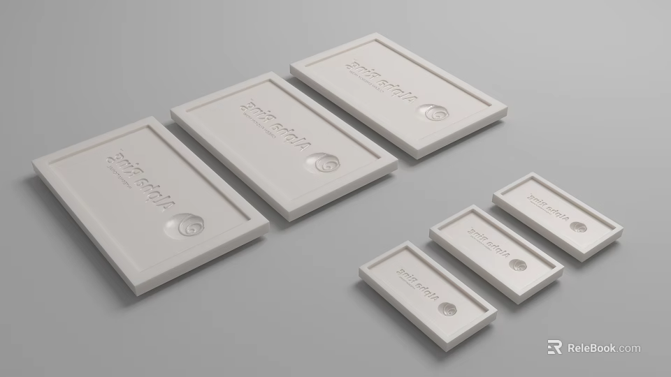 White Rectangular Product Tags with Circular Logo and Text in Multiple Sizes 3d model 