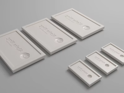 White Rectangular Product Tags with Circular Logo and Text in Multiple Sizes 3d model