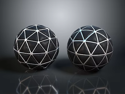 Black Spheres With Geometric Grid Lines And Shiny Reflective Surfaces 3d model
