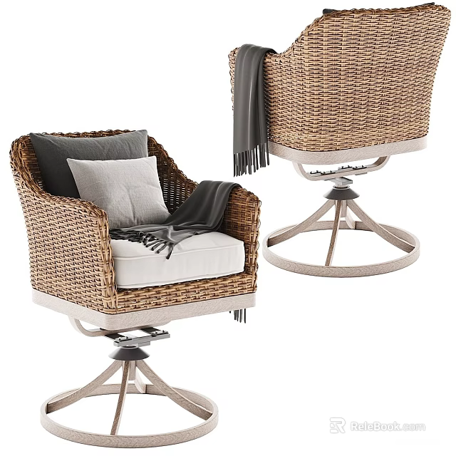 Wicker Outdoor Sofa Chair With Swivel Base Gray Beige Cushions And Throw Blanket 3d model 