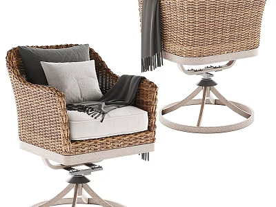Wicker Outdoor Sofa Chair With Swivel Base Gray Beige Cushions And Throw Blanket 3d model