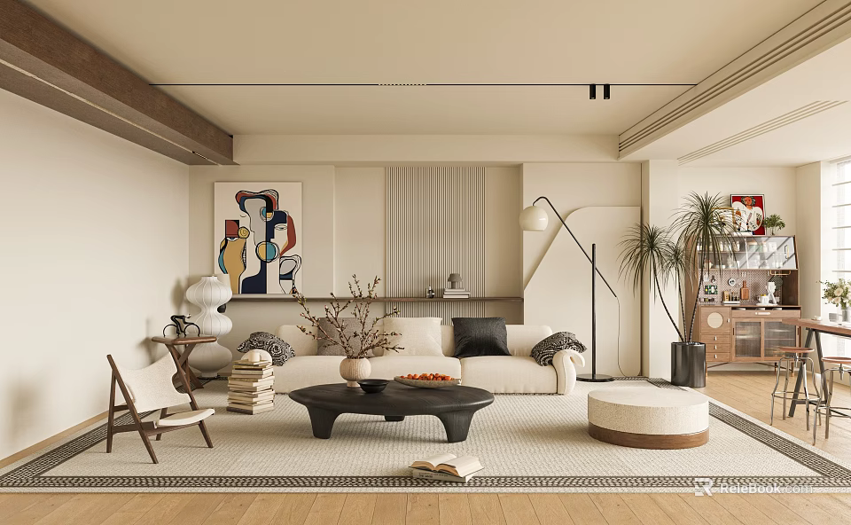 Modern Living Room Interior Design With Beige Sofa Black Coffee Table And Abstract Painting 3d model 