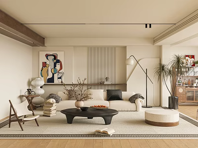 Modern Living Room Interior Design With Beige Sofa Black Coffee Table And Abstract Painting 3d model