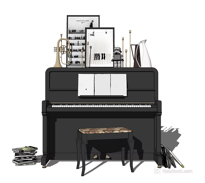 Display of Musical Instruments and Art Supplies with Piano Trumpet and Paintbrushes 3d model 