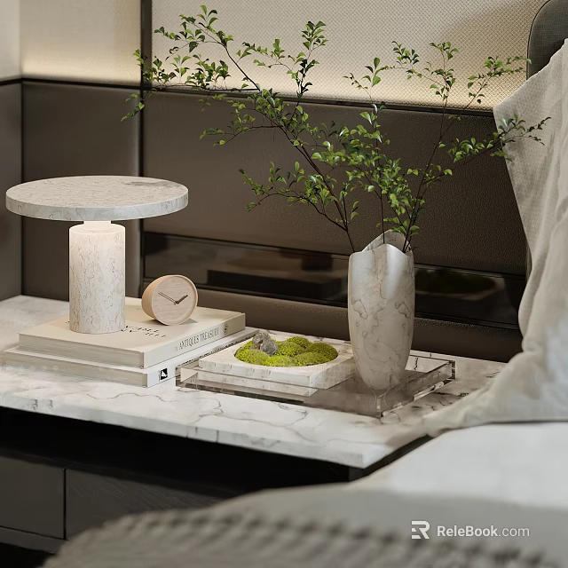 Modern Decorative Ornament Set With Marble Tabletop Vase Clock Lamp And Moss Stone 3d model