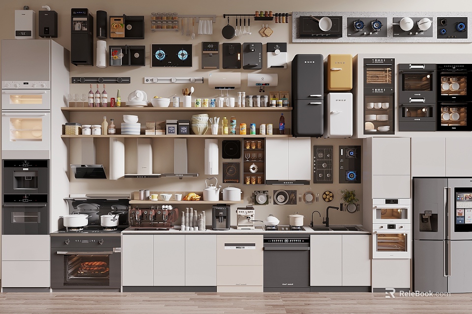 Modern Organized Kitchen Interior With Diverse Cookware Cabinets And Shelf Appliances 3d model 
