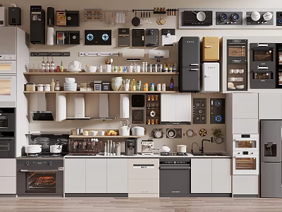 Modern Organized Kitchen Interior With Diverse Cookware Cabinets And Shelf Appliances 3d model