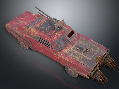 Rusty Red Military Vehicle With Mounted Machine Gun And Spiked Front Design 3d model