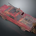 Rusty Red Military Vehicle With Mounted Machine Gun And Spiked Front Design