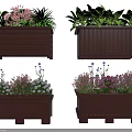 Vibrant Flowers and Lush Green Plants in Rustic Wooden Planter Boxes with Natural Design