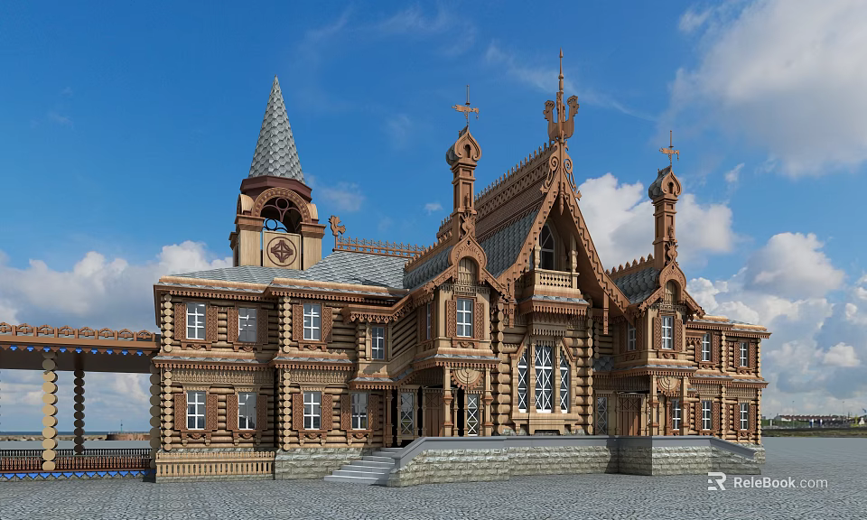 Traditional Detached Villa With Spire Clock Tower Wooden Structure And Arched Windows Design 3d model 