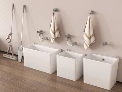 Utility Cleaning Station With Three White Square Sinks Wooden Floor And Hanging Towels 3d model