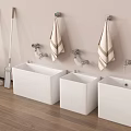 Utility Cleaning Station With Three White Square Sinks Wooden Floor And Hanging Towels