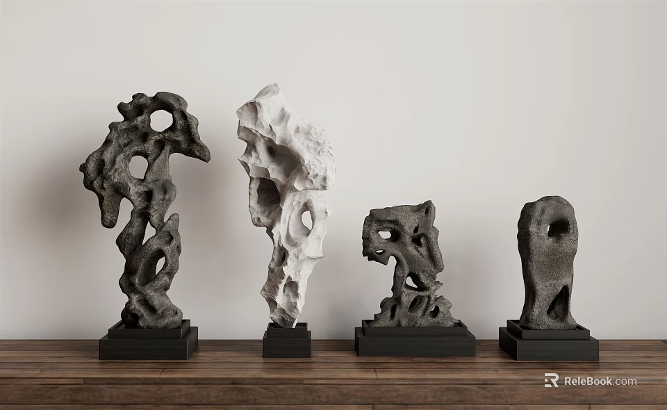 Unique Stone Ornaments on Wooden Surface with Black Bases and Holes 3d model 