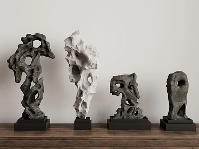 Unique Stone Ornaments on Wooden Surface with Black Bases and Holes 3d model