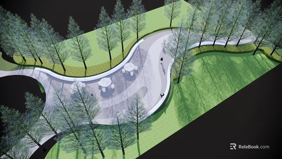 Garden Landscape Design With Winding Pathway Green Lawn Trees And Seating Area With White Tables And Chairs 3d model 