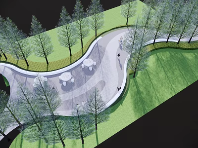 Garden Landscape Design With Winding Pathway Green Lawn Trees And Seating Area With White Tables And Chairs 3d model