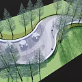 Garden Landscape Design With Winding Pathway Green Lawn Trees And Seating Area With White Tables And Chairs