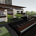 Modern Residential Landscape Design With Courtyard Water Feature Green Plants And Outdoor Seating
