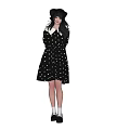 Woman In Stylish Black Polka Dot Dress With White Collar Black Hat And White Socks