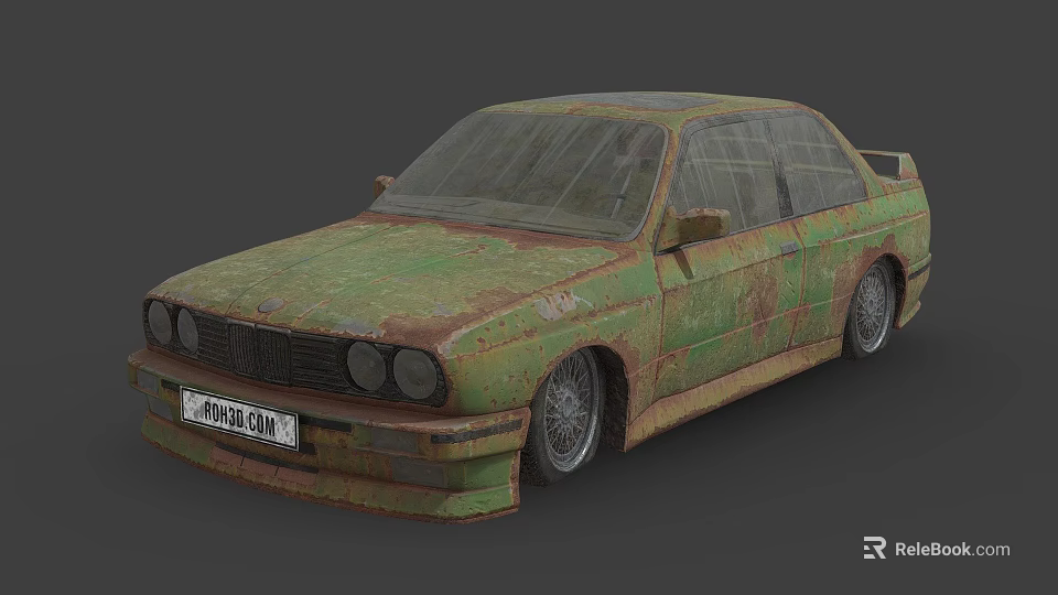 Rusty Green Old Car Exterior With Weathered Body And Vintage Design 3d model 
