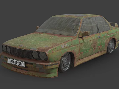 Rusty Green Old Car Exterior With Weathered Body And Vintage Design 3d model
