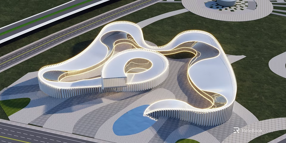 Modern Curved White Building Architectural Landmark In Park With Green Space And Water 3d model 