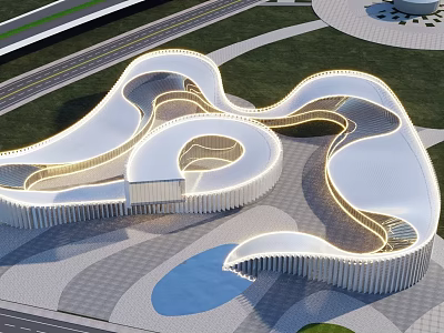 Modern Curved White Building Architectural Landmark In Park With Green Space And Water 3d model