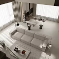 Modern Minimalist Open Concept Dining Living Room With Large Windows Wooden Elements Sofa Coffee Table And Lighting