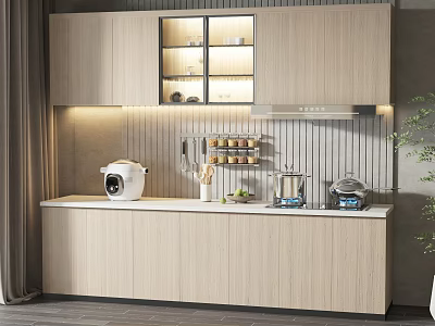 Modern Kitchen With Light Wood Cabinets Glass Door Upper And Countertop Appliances 3d model