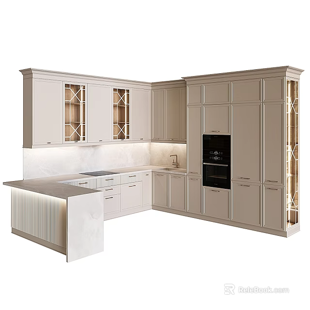 Modern Light Colored Kitchen Cabinets With Glass Door Upper Units Stone Countertop Built in Appliance 3d model 