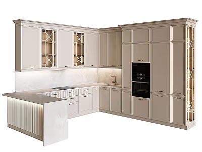 Modern Light Colored Kitchen Cabinets With Glass Door Upper Units Stone Countertop Built in Appliance 3d model