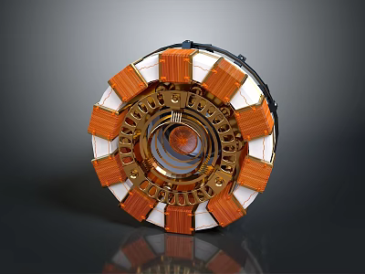 Intricate Circular Mechanical Device With Orange White Segments And Golden Rings 3d model