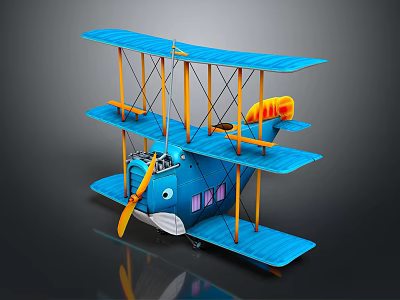Blue Cartoon Style Biplane Featuring Yellow Propeller Whale Face And Windows 3d model