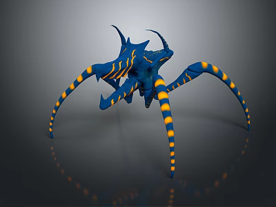 3D Rendered Fantasy Creature With Blue Body Yellow Striped Legs And Spiked Appendages 3d model