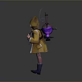 Man Wearing Hooded Yellow Coat With Shark Fin Design Backpack And Purple Boots