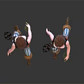 Two Female Characters With Striped Pants Black Vests Weapons And Mystical Creature