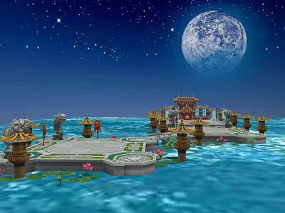 Traditional Chinese Architecture Pavilion On Water With Full Moon Night Sky Lotus Flowers Stone Lanterns 3d model