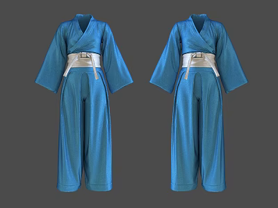 Blue Traditional Robe Outfit With Wide Sleeves And Light Colored Sash 3d model