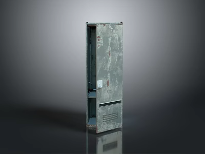 Tall Industrial Style Metal Cabinet With Distressed Texture And Open Shelf Design 3d model