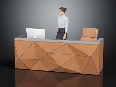 Modern Brown Reception Desk With Geometric Pattern Design Computer Monitor And Chair Interior 3d model