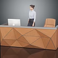 Modern Brown Reception Desk With Geometric Pattern Design Computer Monitor And Chair Interior