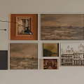 Assorted Art Paintings And Modern Floor Lamp For Interior Wall Decor