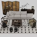 Classic Sofa Coffee Table Set With Decorative Screen And Accent Chairs 3d model