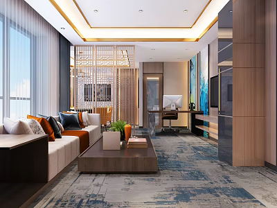 Modern Hotel Room Interior With Sofa Coffee Table TV Desk And Carpet 3d model