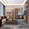 Modern Hotel Room Interior With Sofa Coffee Table TV Desk And Carpet