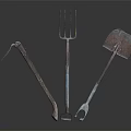 Vintage Rustic Garden Tools Still Life With Pickaxe Fork Shovel On Dark Background
